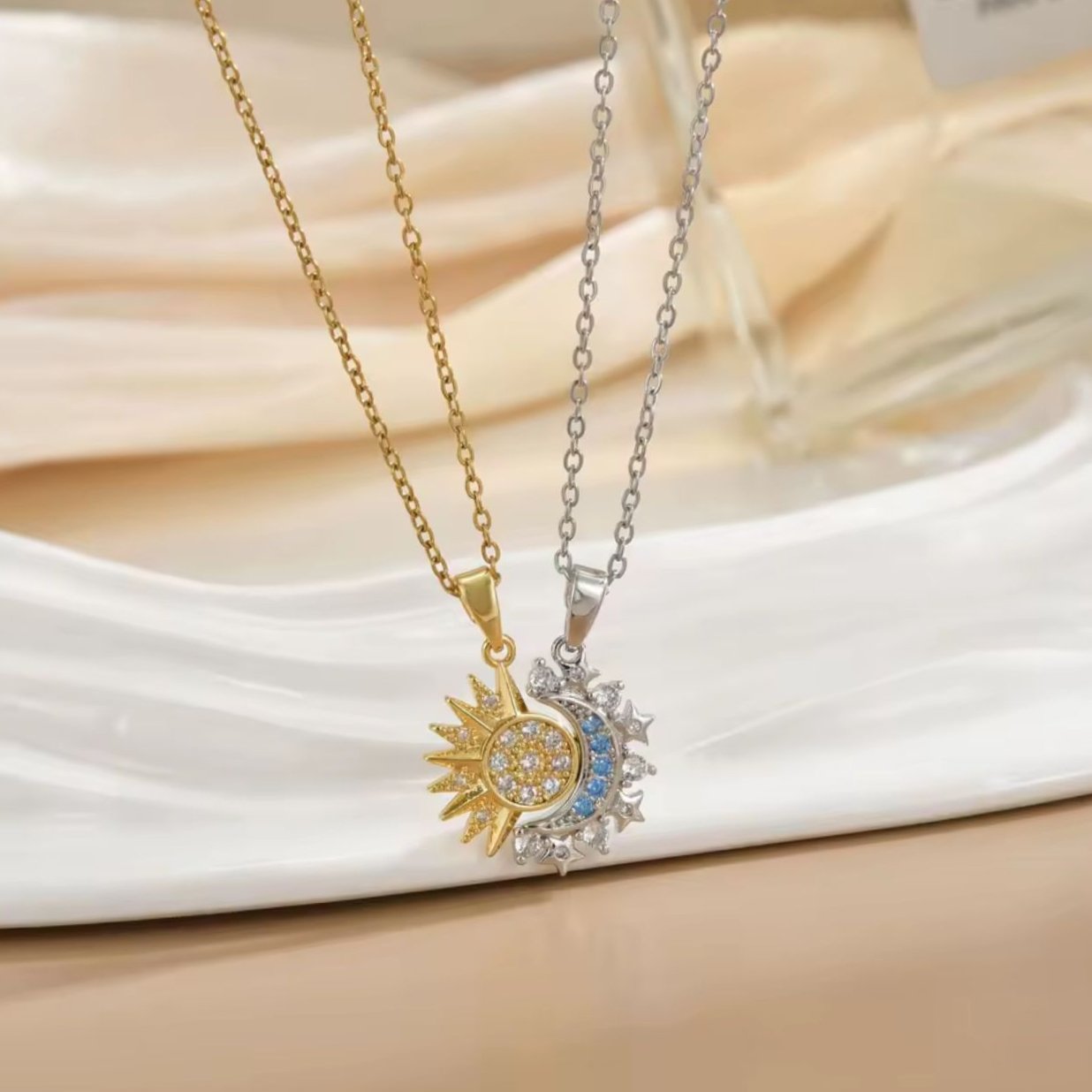 Sun & Moon Couple Necklace Set - Gold & Silver Crystal Pendant Necklaces for Couples, Best Friends, Matching Jewelry Gift